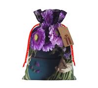Purple Flowers Bouquets Printed Christmas Drawstring Bags Reusable Xmas Bag for Party Xmas Gift Wrapping, Red Ribbon, M