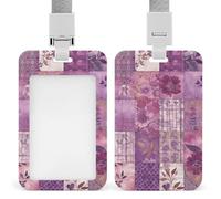 Purple Flowers Collage Badge Holder with Lanyard - Waterproof Hard Plastic ID Card Holder Professional Name Tag Vertical ID Card Name Badge for Office Nurse Doctor Teacher
