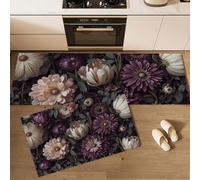 Purple Flowers Kitchen Rugs and Mats Carpet Standing Mats Washable 2 Pieces Microfiber Non-Slip Dark Purple Rug Set for Kitchen Floor Front of Sink, Hallway, Laundry Room,40x60+40x120cm,Retro Floral