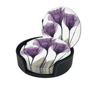 Purple Flowers Lavender Coasters For Drinks Set Of 6, Round Leather Coaster With Holder Drink Coffee Cup Mat Tea Pad Table Pad For Mugs And Cups