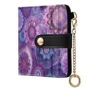 Purple Flowers Mandala Pattern Small Women Wallet Bifold PU Leather RFID Blocking Compact Card Holder with Coin Pocket Zipper Purse for Women Girls Ladies