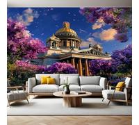 Purple Flowers Photo Wallpaper 3D Effect Urban Architecture Mural Wallpaper Non-Woven Wall Mural, 350 x 256 cm Large Murals Wall Decor for Bedroom, Living Room, Kids Room