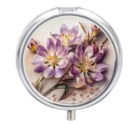 Purple Flowers Pill Box Medicine Pill Organizer 3 Compartment Daily Pill Case Small Pill Container Round Pill Holder Travel Pill Box Metal Pill Case for Purse Pocket
