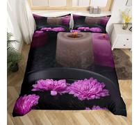 Purple Flowers Single Duvet Cover Sets 3D Printed Spa Stones Bedding Set Soft Brushed Microfiber Quilt Cover 135x200 cm with Zipper Closure for Teens and Adults with 2 Pillowcases E-122