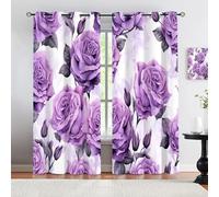 Purple Flowers with Leaves Blackout Curtains for Bedroom, Seamless Floral Pattern Art Thermal Curtains Curtains Blackout for School Classroom Nursery Dormitory, 46.1"(117CM) x 63"(160CM), 2 Panels