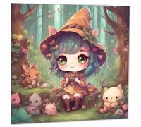 Purple Fox Cute Forest Witch - Chibi Kawaii Girl Woodland Elf Nature Fantasy 145 x 145mm
