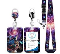 Purple Galaxy Badge Holder Reel Lanyard, Cat Butterfly ID Card Badge Holder Retractable Name Tag Clips, Funny Nurse Teacher Office Student Gifts