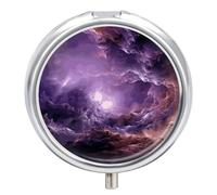 Purple Galaxy Pill Box 3 Compartment Round Small Pill Box for Pocket Purse Metal Travel Pill Case Portable Daily Pill Organizer Cute Compact Medicine Organizer Mini Pill Container