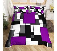Purple Geometric Duvet Cover Set Double Size, Black White Grey Square Bedding Set 3pcs for Kids Boys Girls Room Decor, Modern Abstract Comforter Cover Checkered Quilt Cover with 2 Pillowcases