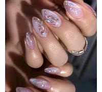 Purple Glitter Almond Press on Nails Medium With Gold 3D Sculpting Design Full Cover False Nails - Exquisite Stick on Set for Women 24 Pcs