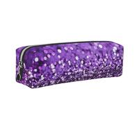 Purple Glitter at Night Printed Leather Pencil Case Cute Stationery Organizer Simple Makeup Bag Pen Pouch, Silver Zipper