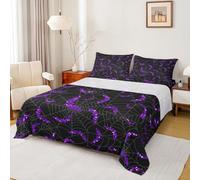 Purple Glitter Bat Sheet Set Twin Size Spider Web Bedding Set 3Pcs Happy Halloween Theme Bed Sheet for Kids Boys Girls Teens Room Decor Fashion Gothic Black Fitted + Flat Sheet,1 Pillowcase