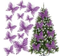 Purple Glitter Butterfly Decorations Christmas Tree Butterfly Ornaments Halloween Artificial Butterflies with Clip & Stem for Xmas Party Wreath Garland Decor - 12-Pack 5inch 3D Hollow Butterflies