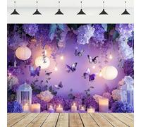 Purple Glitter Girl Birthday Party Photography Background Purple Floral Spring Butterfly Party Decoration Background Newborn Baby Shower Banner Wonderland Flowers Butterfly Backdrop (7X5FT)