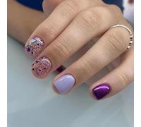 Purple Glitter Press On Nails Short Square - Lilac Glossy Gel Effect, Aurora Sparkle Ballerina Style & Multi-Design Set with Glitter, Metallic & Matte Finishes for Elegant Women