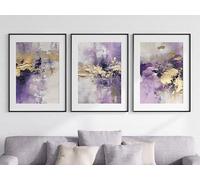 Purple Gold Abstract Set of 3 Unframed Wall Poster Prints, Digitally Printed Painting Style, Lounge Bedroom Kitchen Bathroom Home Decor, Modern Wall Art, Purple Gold (A4)