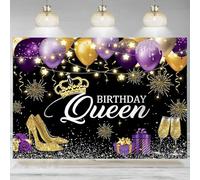 Purple Gold Birthday Backdrop Queen Women Crown Balloons High Heels Champagne Photography Background Luxury Party Banner 350x230cm