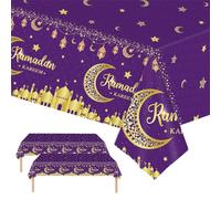 Purple Gold Eid Mubarak Tablecloths 137*274cm Ramadan Mubarak Table Cover,2pcs Moon&Star Rectangular Plastic Disposable Tablecover for Ramadan Umrah Mubarak Islam Muslim Home Room Dinning Table Decor