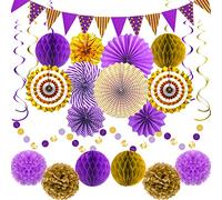 Purple Gold Party Decorations Paper Fans, Graduation Season Hanging Glitter Triangle Flags Banner Hanging Paper Fan Happy Birthday Banners and Triangular Flag, Bridal Shower,Purple Themed Birthday