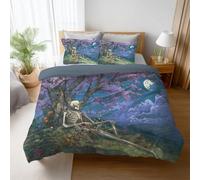 Purple Green Microfiber Bedding Set Duvet Cover King Bedding Set Double Bed Lightweight Breathable Even all the Seasons Pillowcases and Zipper Closure 150 x 200 cm Eclectic Style Floral Skull