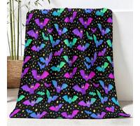 Purple Green Soft Cozy Throw Blanket Suitable for All Seasons, Bats Stars Breathable Fluffy Blankets, Fantasy Gothic Printed Machine Wash Durable Flannel Blanket for Bed Sofa Couch Car, 220 x 240 cm