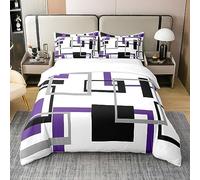 Purple Grey Black Square 100% Cotton Duvet Cover,Geometric Bedding Single,Abstract Grid Pattern Comforter Cover,Modern Abstract Art Bed Sets with 1 Pillowcase Bedroom Decor
