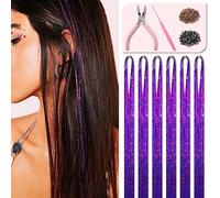 Purple Hair Tinsel Kit 48 Inches 1200 Strands with Tools and Instruction Easy to Install Fairy Glitter Tinsel Hair Extensions for Women and Girls，Shinny Sparkling Braiding Hair Accessories for