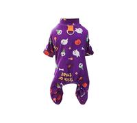 Purple Halloween Print Pet Onesie with Four Leg and Paw Coverage | The purple one-piece has long sleeves and legs, with colourful Halloween motifs across the body for a coordinated seasonal