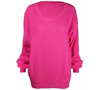 Purple Hanger Ladies New Plain Chunky Knit Loose Baggy Oversized Jumper Tops Womens Long Sleeve Knitted Sweater Top Fluorescent Pink Size 16