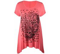 Purple Hanger Ladies Plus Size Uneven Hem Short Sleeve Tiger Face Print Womens Stretch Top Coral Size 12 - 14