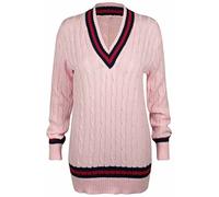 Purple Hanger New Ladies V Neck Cable Knitted Cricket Jumper Womens Stretch Long Sleeve Stripe Top (24-26, Pink)