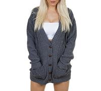 Purple Hanger New Womens Everyday Long Sleeve Button Top Ladies Chunky Aran Cable Knit Grandad Cardigan (16-18, Dark Grey)