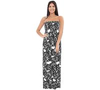 Purple Hanger New Womens Plain Long Strapless Elasticated Shearing Ladies Bandeau Shirred Boob Tube Summer Maxi Dress (12-14, Skull Rose)