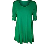 Purple Hanger New Womens Plus Size Stretch Fit Round Neck Plain Button Tops Ladies Three Quarter Turn Up Sleeve T-Shirt Top (16, Jade Green)