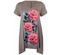 Purple Hanger New Womens Plus Size Uneven Hanky Hem Short Sleeve T-Shirt Top Ladies Floral Rose Print Jersey Tunic (26-28, Mocha)