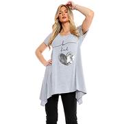 Purple Hanger Womens Butterfly Print Ladies Stretch Uneven Hanky Hem Round Scoop Neckline Bead Glitter Long T-Shirt Top Plus Size (22-24, Be Kind Grey)