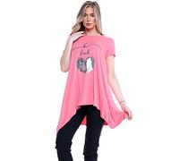 Purple Hanger Womens Butterfly Print Ladies Stretch Uneven Hanky Hem Round Scoop Neckline Bead Glitter Long T-Shirt Top Plus Size (14, Be Kind Coral)