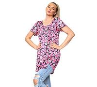 Purple Hanger Womens Floral Print Ladies Short Sleeves Stretch Round Scoop Neckline Long Smock Tunic T-Shirt Top Plus Size (28-30, Black Cerise Pansy)
