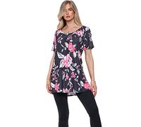 Purple Hanger Womens Floral Print Ladies Short Sleeves Stretch Round Scoop Neckline Long Smock Tunic T-Shirt Top Plus Size (18, New Pink Floral)