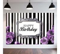 Purple Happy Birthday Backdrop,Rose Birthday Photography Background,Women Sweet Girl Priness Black Purple Party Decor Photo Booth Photo Studio-7x5FT