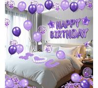 Purple Happy Birthday Balloons Decorations Purple and Silver Birthday Balloon Letters Banner with 6 Pcs Star Balloons Artificial Rose Petals 24 Flameless LED Candles for Room Hotel Party Decorations