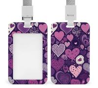 Purple Heart Shape Id Badge Holder with Lanyard, Clear Vertical Card Protector Waterproof, Breakaway Safety Neck Strap, Heavy Duty Name Tag Holder for Nurse Teacher Officer Staff Women Men
