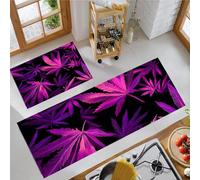 Purple Hemp Leaves Kitchen Rug Sets, 2 Pieces Non Slip Kitchen Mat Sets,Washable Dynamic Effects Floor Mat for Hallway, Bedroom, Sink (Neon Purple, 43x75cm+43x120cm)
