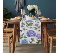 Purple Hydrangeas Table Runner 13x48 inch Floral Leaf Retro Buffalo Plaid Country Cotton Linen Dining Table Runner Ideal for Dresser Kitchen Coffee Tables - Machine Washable