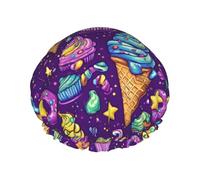 Purple Ice Cream Donut Print Shower Caps for Women, Reusable Double Layers Elastic Band Long Hair Bath Caps for Shower