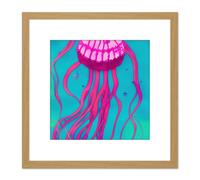 Purple Jellyfish Ocean Sea Life Watercolour Illustration Square Wooden Framed Wall Art Print Picture 8X8 Inch Artery8 Light Oak One Size