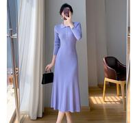 (purple, L) French Style Slim Knitted A-Line Dress with Coat - Women's Autumn/Winter Collection