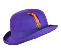 (Purple, L) Unisex Hard Top Wool Bowler Hat With Feather Satin Lined Sizes S To Xl