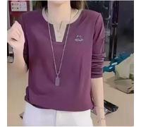 (purple, L) "Women's Long-Sleeve Thin Rhinestone Swan Top - Elegant Summer Style"
