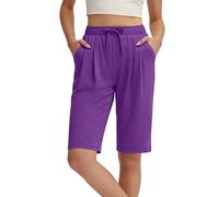 Purple Ladies Shorts Summer Lightweight Plus Size Drawstring Womens Shorts with Pockets Soft Cotton Elasticated Waist Cropped Trousers Casual Solid Hiking Tracksuit Bottoms Activewear Size XL